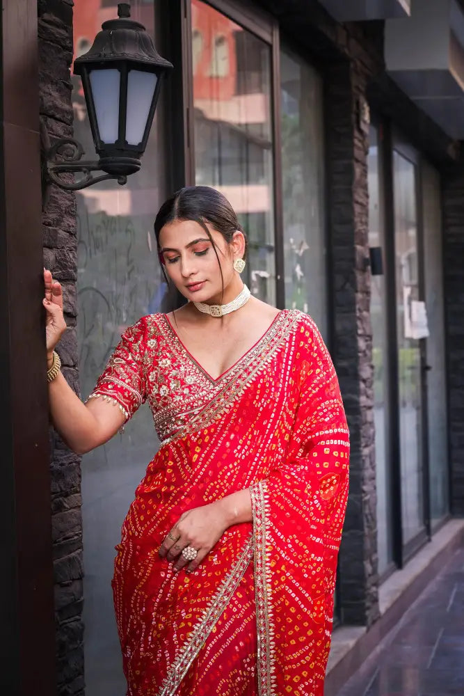 Designer Red Bandhani Saree In Digital Print With Luxe Embroidery Saree