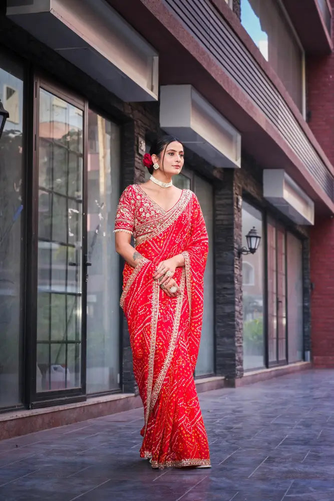 Designer Red Bandhani Saree In Digital Print With Luxe Embroidery Saree