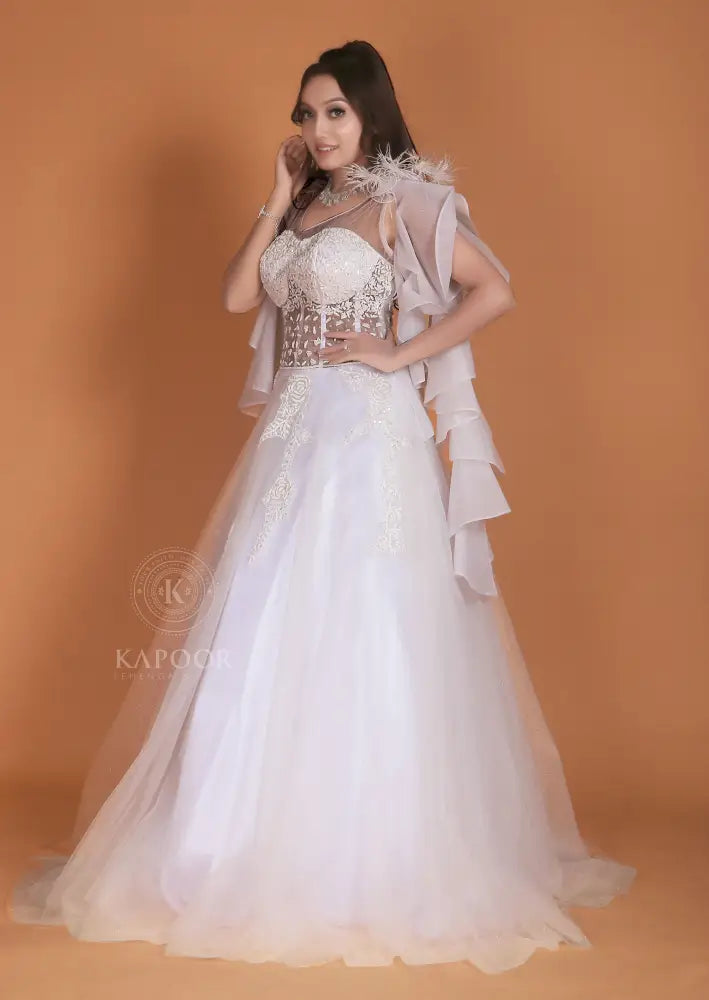 Designer White Gown Inspired By Bollywood With Net Fabric And Stone Handwork