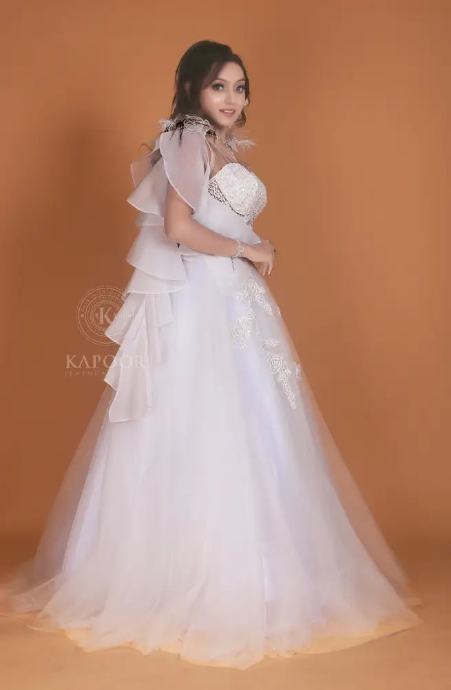 Designer White Gown Inspired By Bollywood With Net Fabric And Stone Handwork