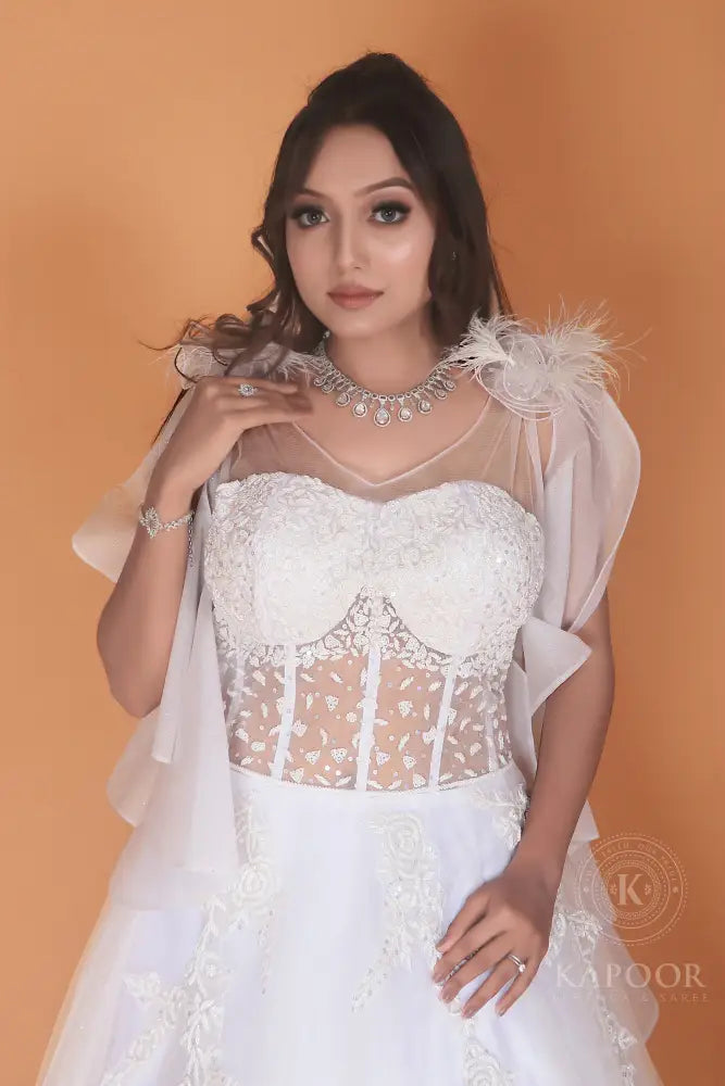 Designer White Gown Inspired By Bollywood With Net Fabric And Stone Handwork