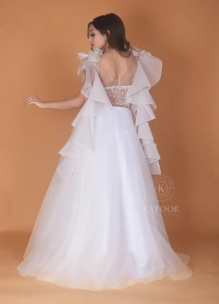 Designer White Gown Inspired By Bollywood With Net Fabric And Stone Handwork