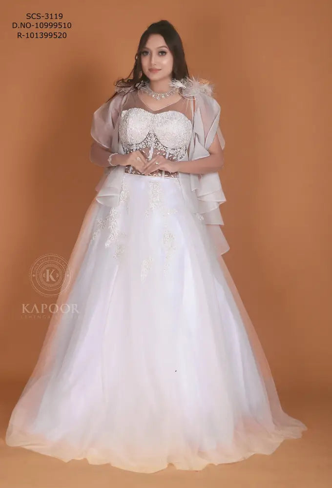 Designer White Gown Inspired By Bollywood With Net Fabric And Stone Handwork