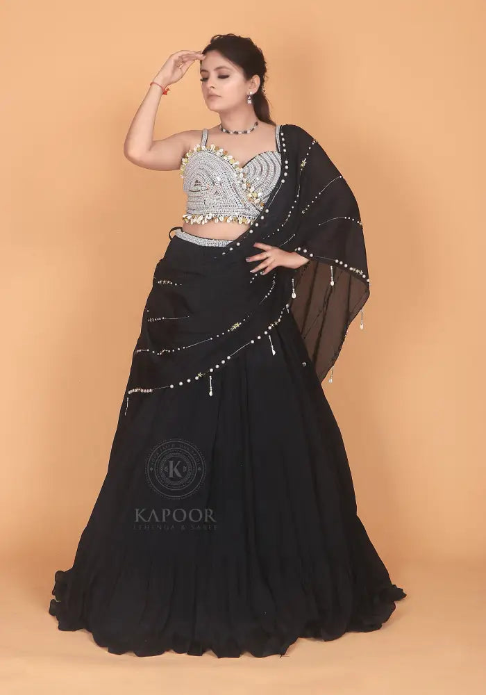 Elegant Black Readymade Designer Saree In Georgette Fabric