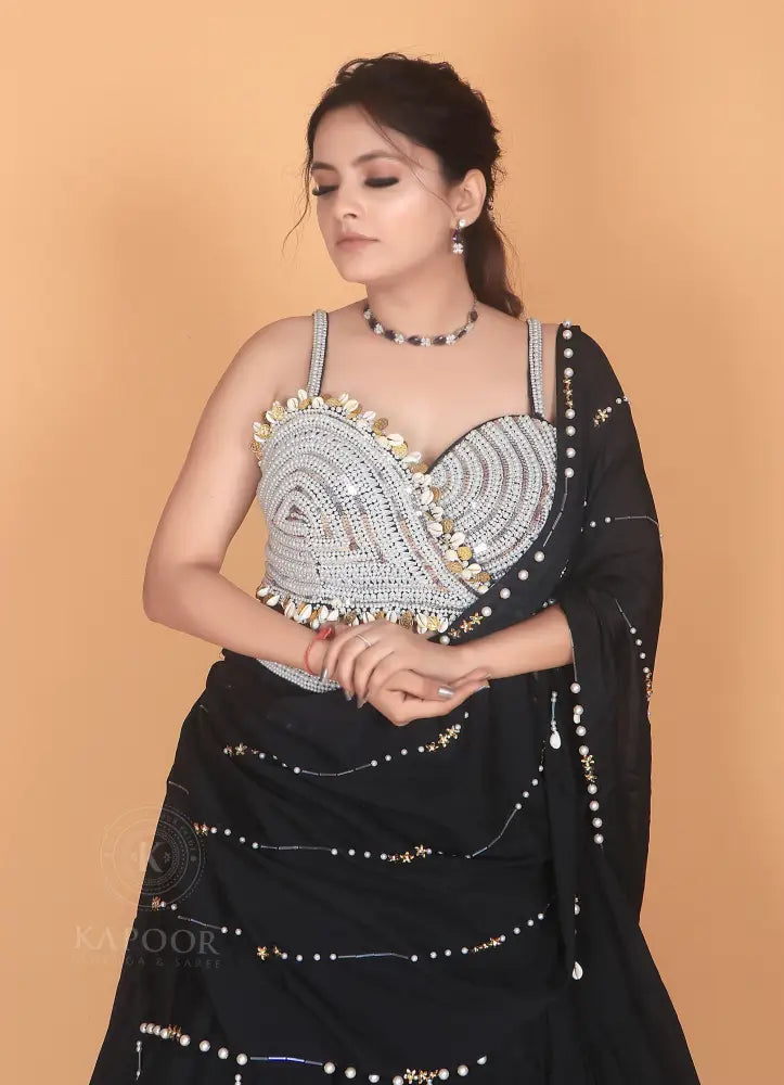 Elegant Black Readymade Designer Saree In Georgette Fabric