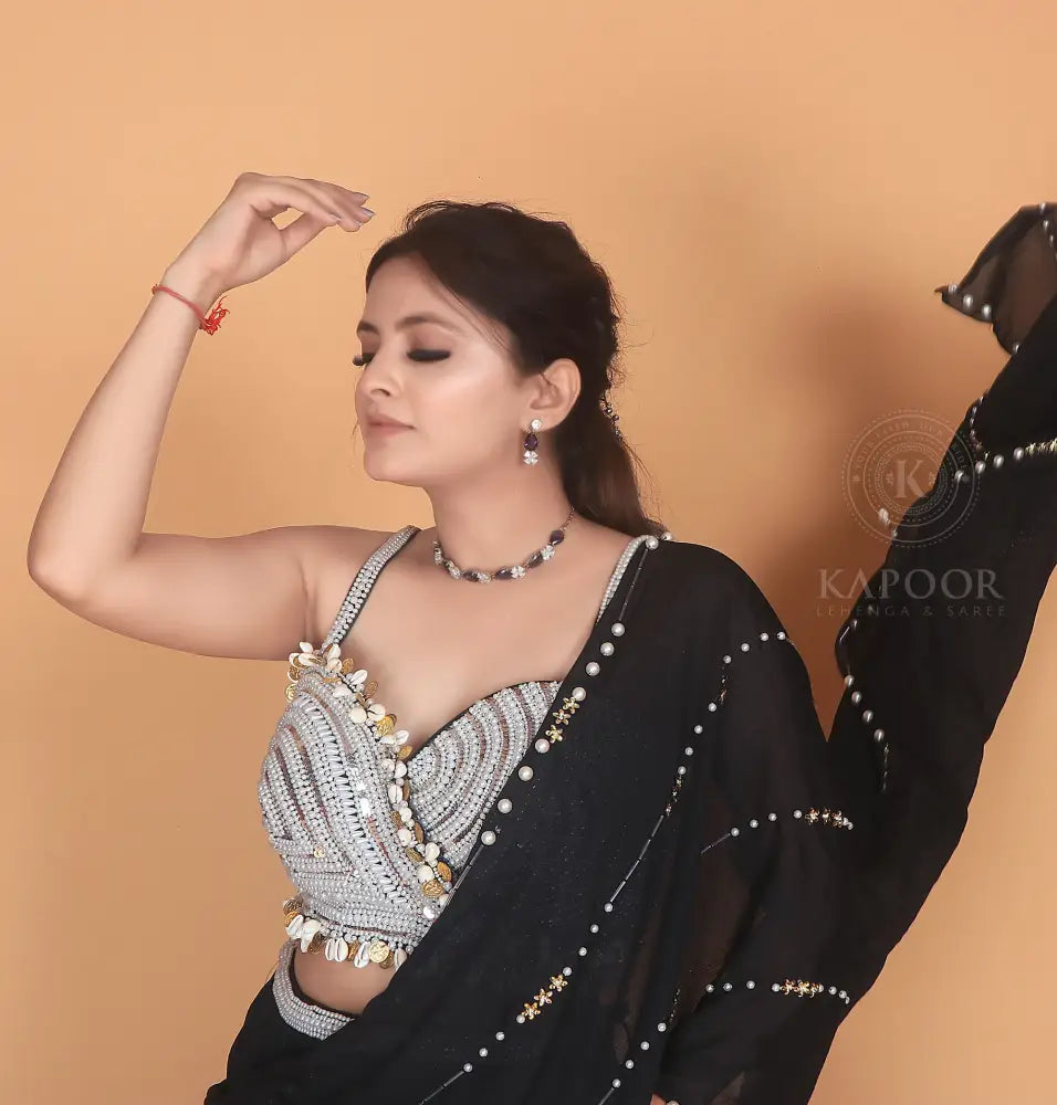 Elegant Black Readymade Designer Saree In Georgette Fabric