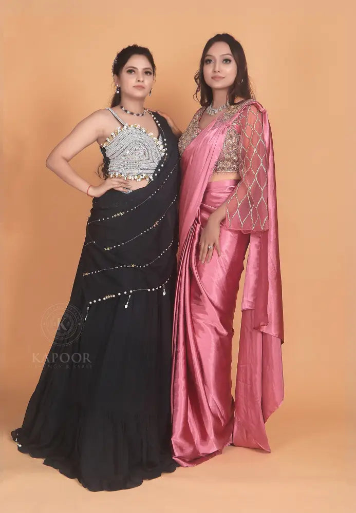 Elegant Black Readymade Designer Saree In Georgette Fabric