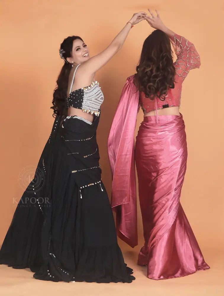 Elegant Black Readymade Designer Saree In Georgette Fabric