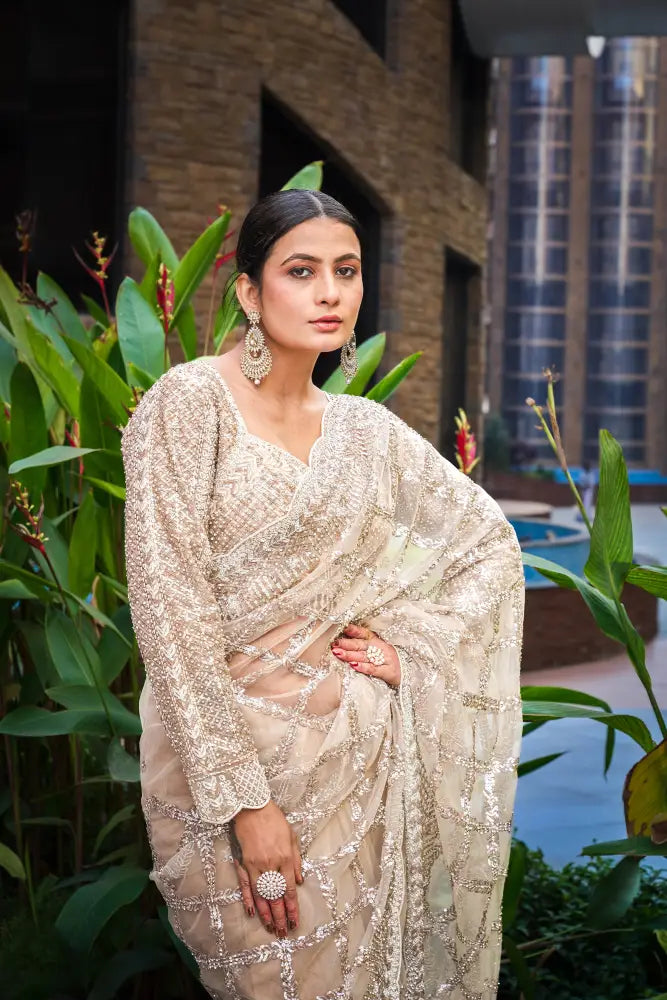Elegant Champagne Gold Net Saree With Stonework And Sequence Work Readymade Designer Blouse Included