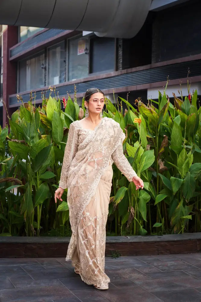 Elegant Champagne Gold Net Saree With Stonework And Sequence Work Readymade Designer Blouse Included