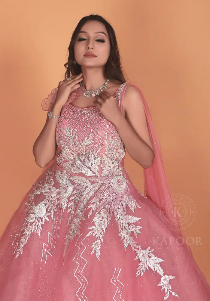 Elegant Pink Handmade Gown With Gota Work