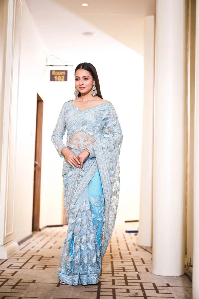 Elegant Sky Blue Ready Made Net Saree With Sequence Jarkan Work