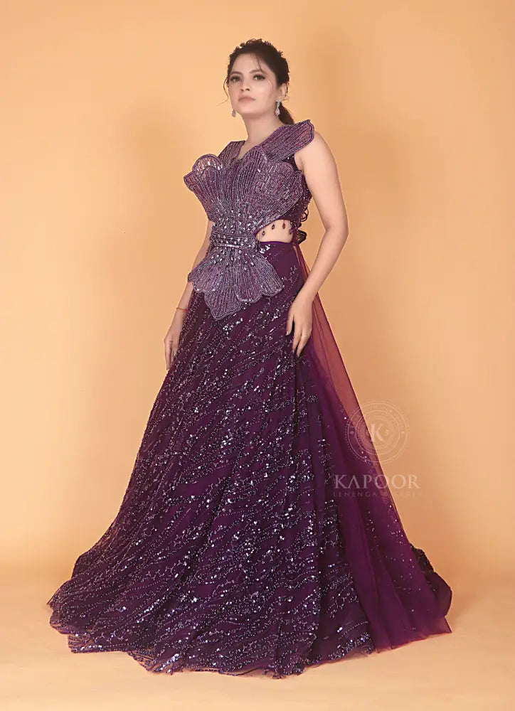 Exquisite Purple Jarkan Gown With Handwork And Sequins