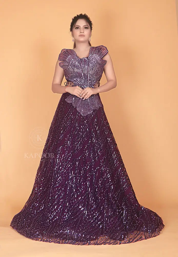 Exquisite Purple Jarkan Gown With Handwork And Sequins
