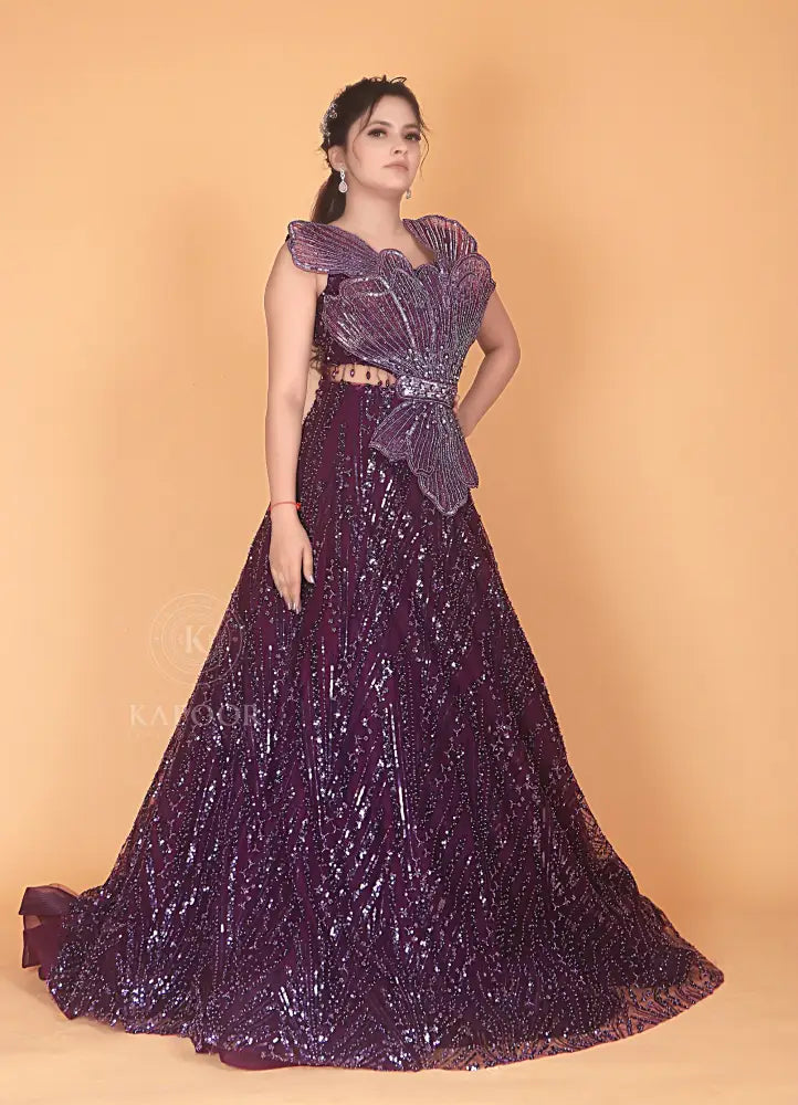 Exquisite Purple Jarkan Gown With Handwork And Sequins