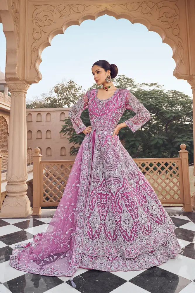 Eye-Catching Pink Net Gown With Sequins And Thread Detailing