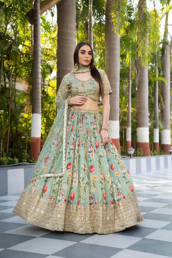 Fashion-Forward Pista Lehenga With Dupatta And Expert Hand Embellishments Lehenga