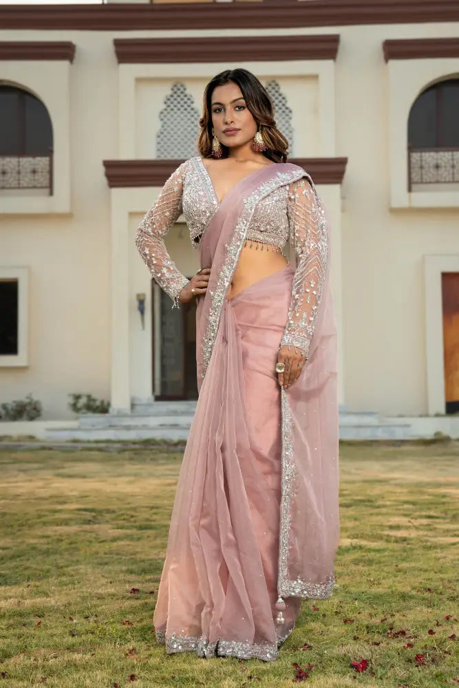 Fashionable Metallic Pink Organza Saree With Handcrafted Details Saree