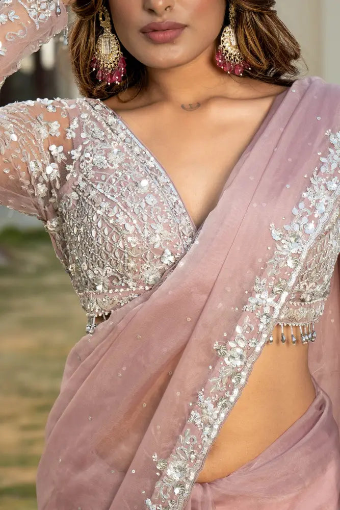 Fashionable Metallic Pink Organza Saree With Handcrafted Details Saree
