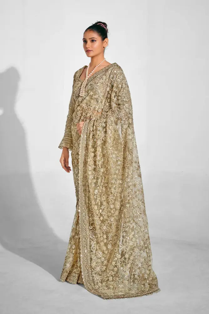 Get Wedding-Ready With This Golden Net Saree Saree