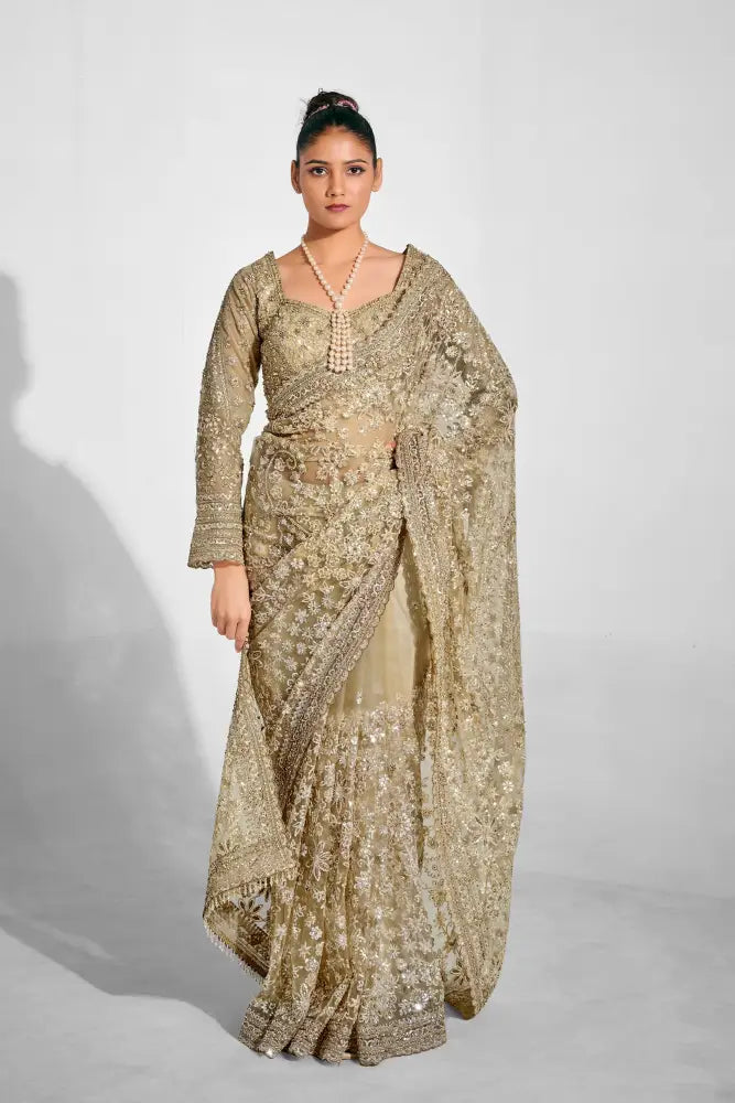 Get Wedding-Ready With This Golden Net Saree Saree