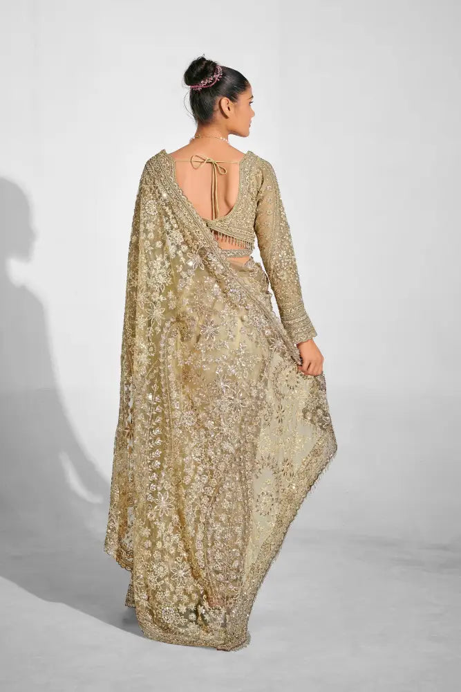 Get Wedding-Ready With This Golden Net Saree Saree