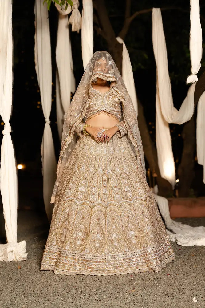 Gold Net Lehenga With Handwork Sequins And Jarkan Thread Detailing