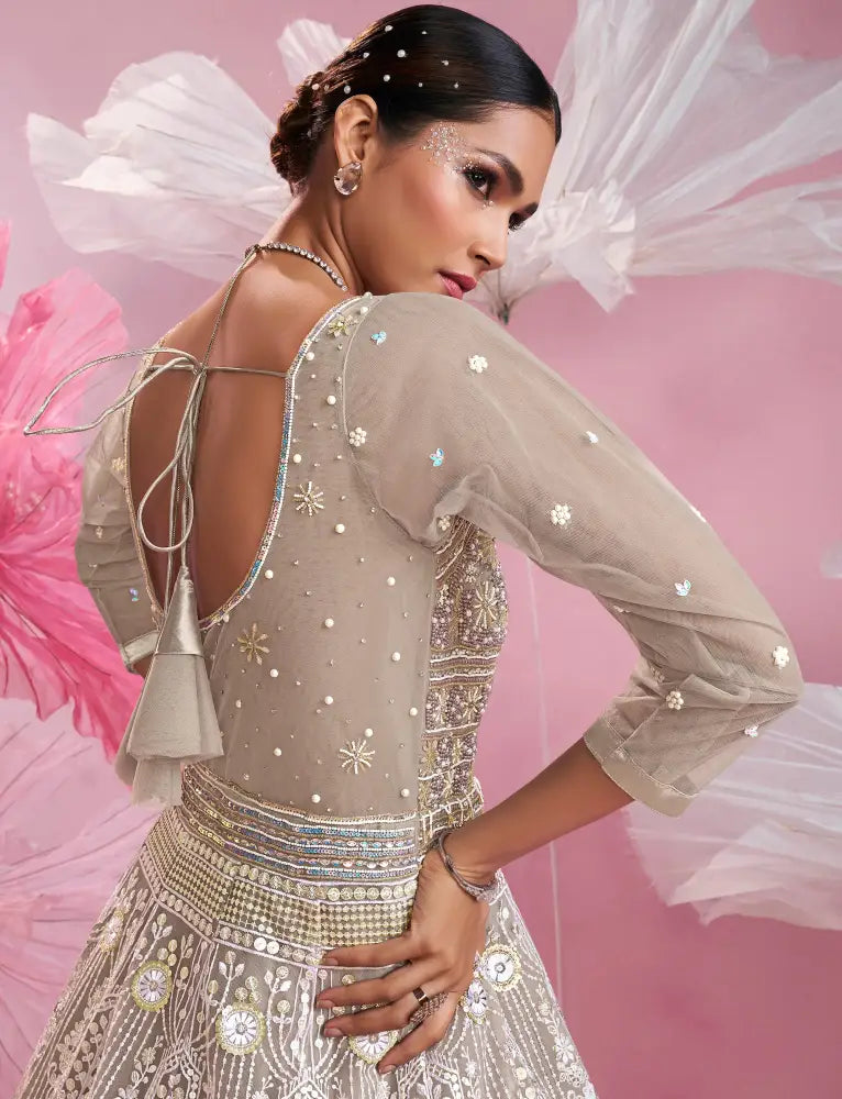 Gold Silver Thread Work Champagne Net Gown With Front Cut Light Pink Gown