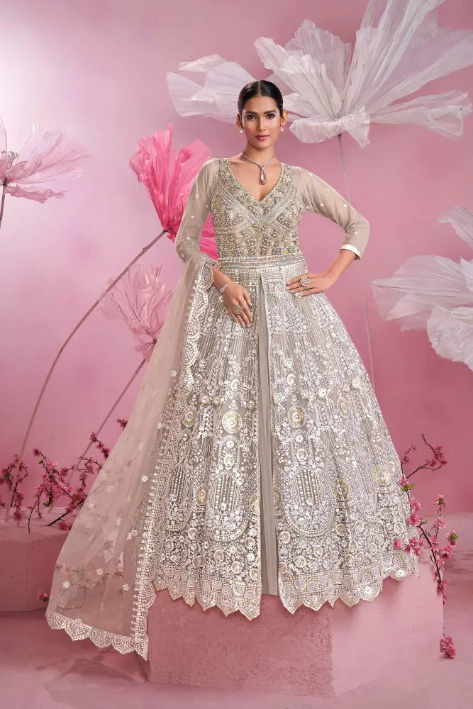 Gold Silver Thread Work Champagne Net Gown With Front Cut Light