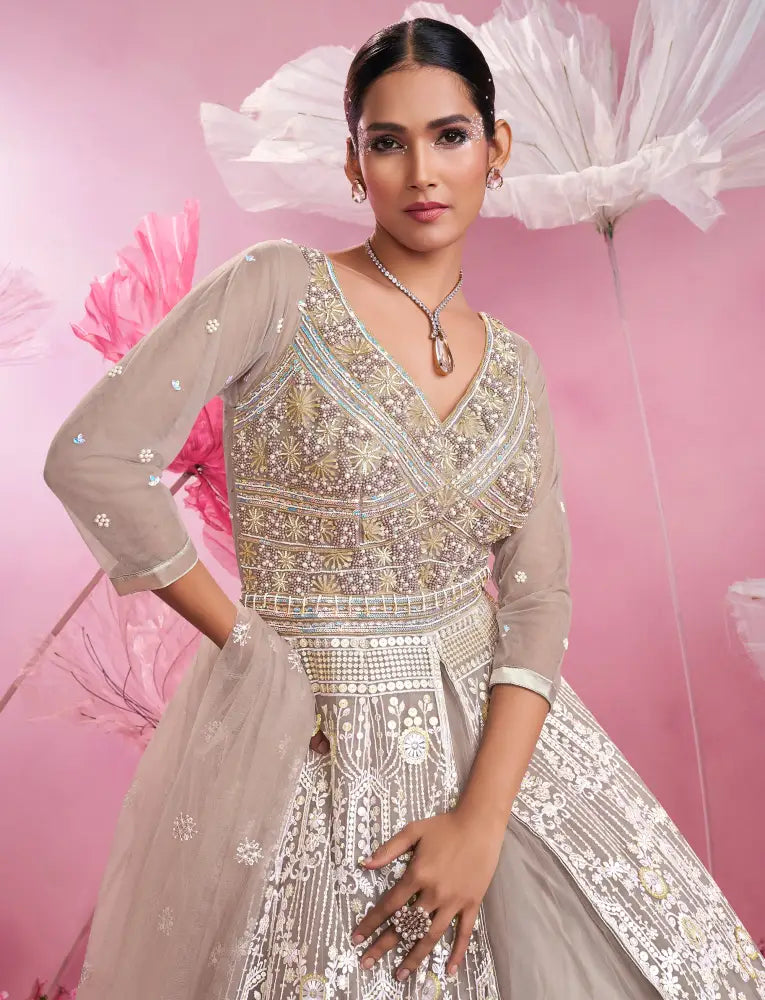 Gold Silver Thread Work Champagne Net Gown With Front Cut Light Pink Gown