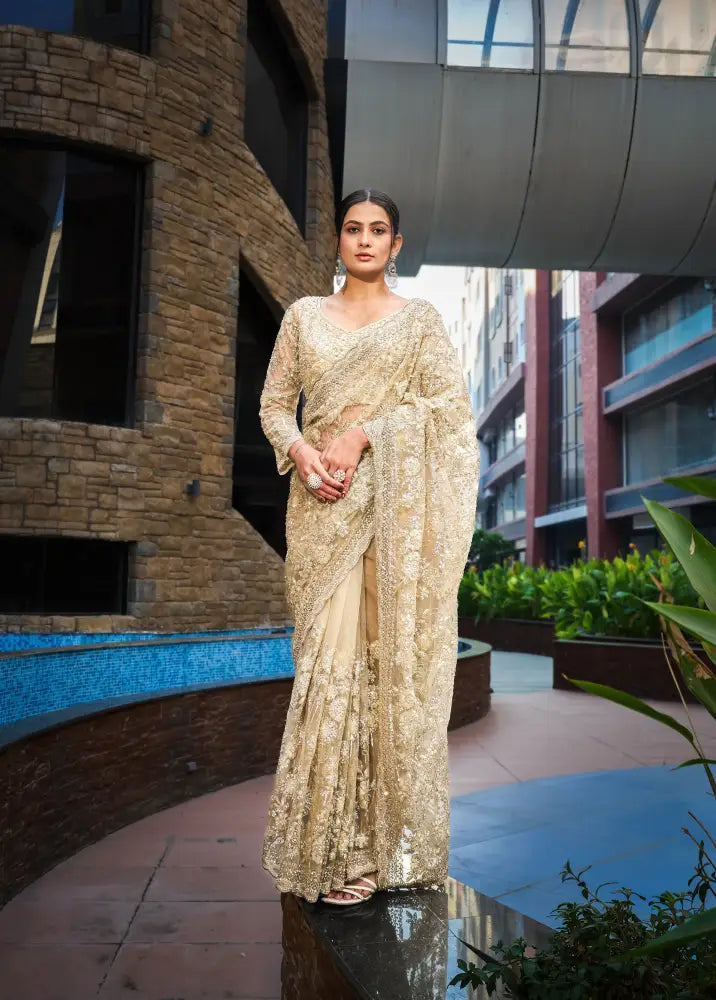 Blue Handwork Readymade Saree With Sequence Jarkan Thread