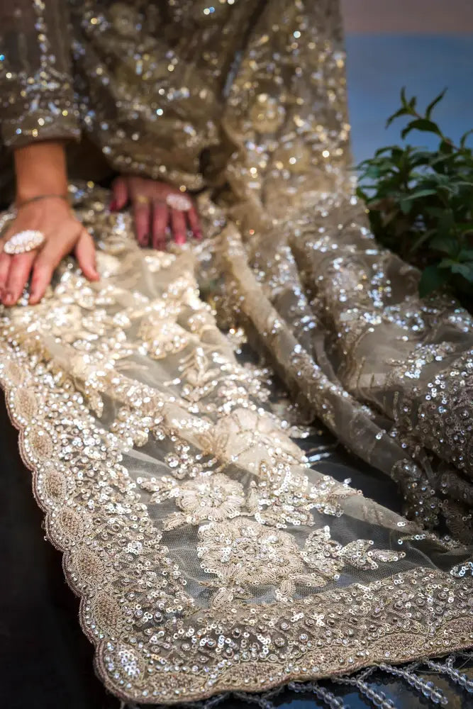 Blue Handwork Readymade Saree With Sequence Jarkan Thread