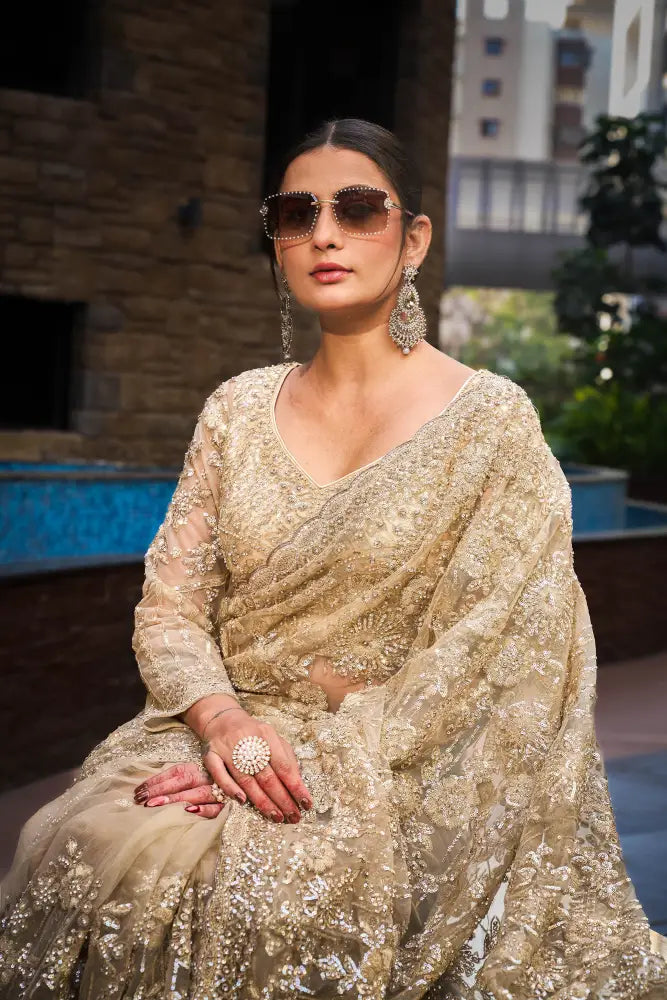 Blue Handwork Readymade Saree With Sequence Jarkan Thread