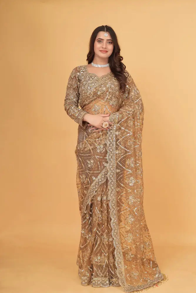 Purple Handwork Saree With Sequence Jarkan And Readymade Blouse