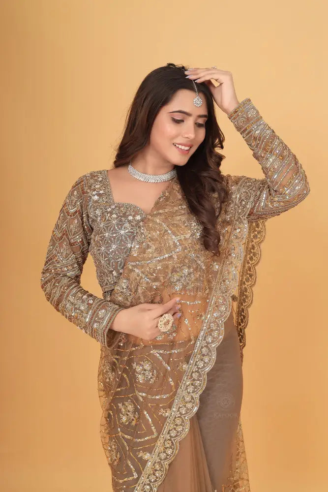 Purple Handwork Saree With Sequence Jarkan And Readymade Blouse