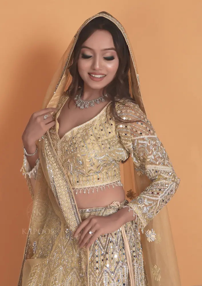 Golden Net Lehenga With Stone Work And Hand-Touch Detailing
