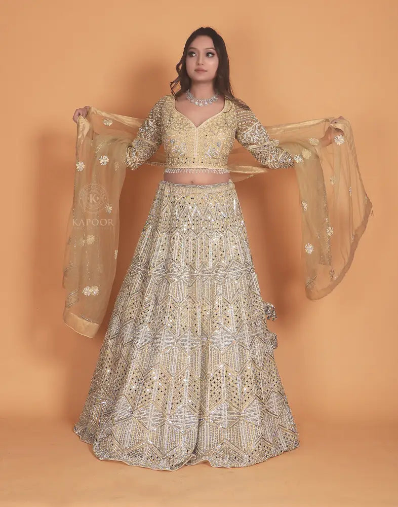 Golden Net Lehenga With Stone Work And Hand-Touch Detailing