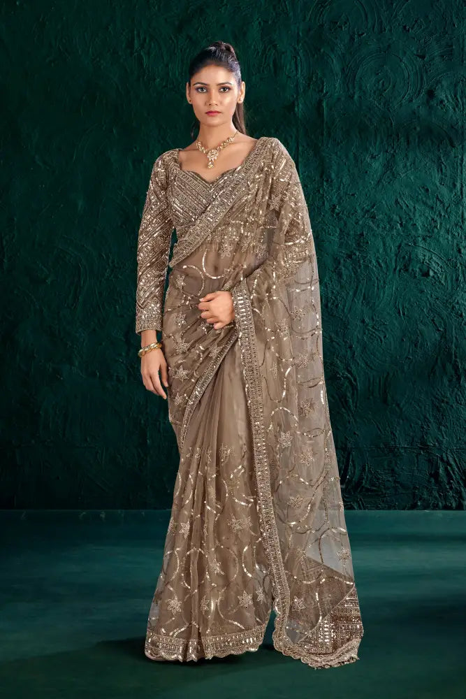 Golden Net Saree With Delicate Stone Work For A Refined Look Saree
