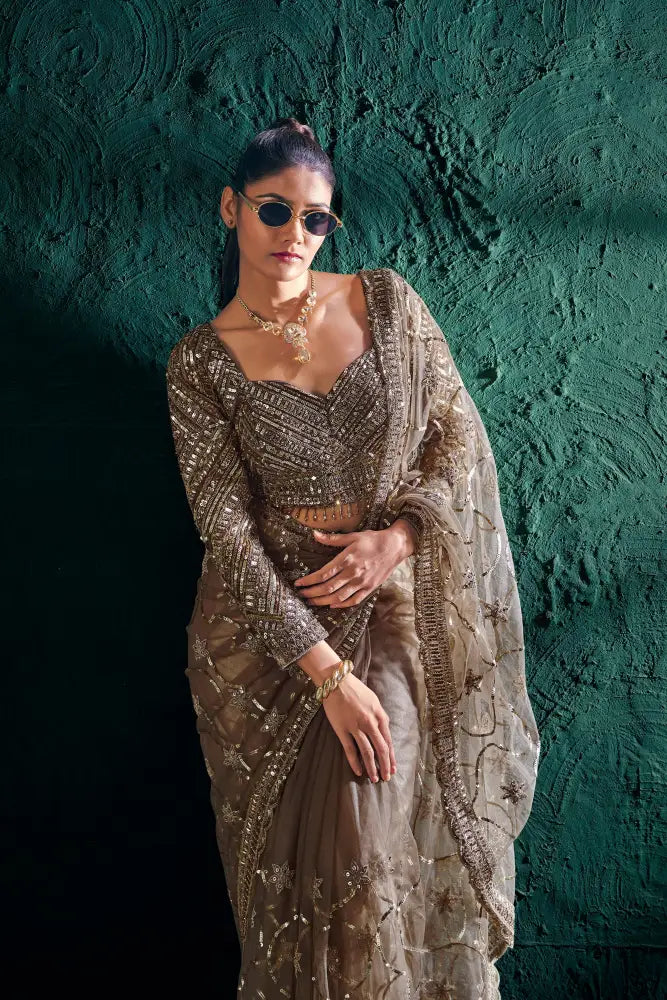 Golden Net Saree With Delicate Stone Work For A Refined Look Saree