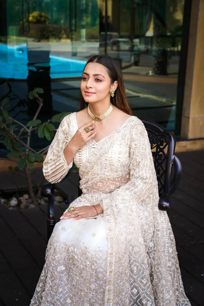 Golden Partywear Handwork Saree With Sequins And Jarkan Work