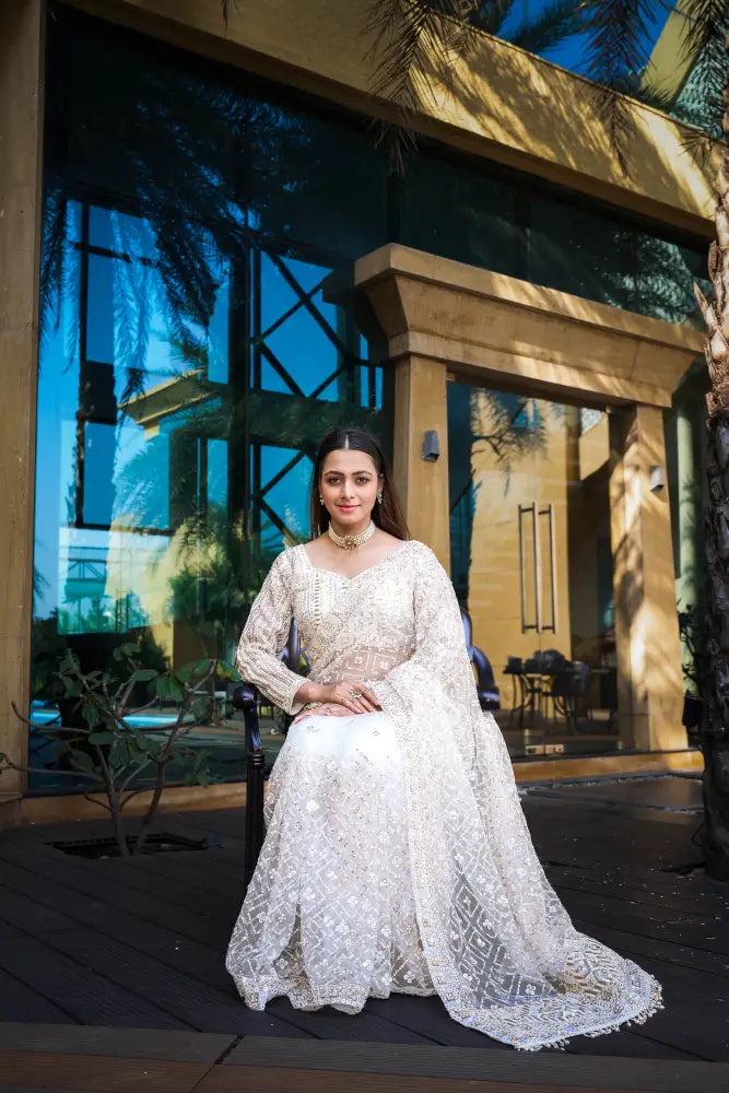 Golden Partywear Handwork Saree With Sequins And Jarkan Work