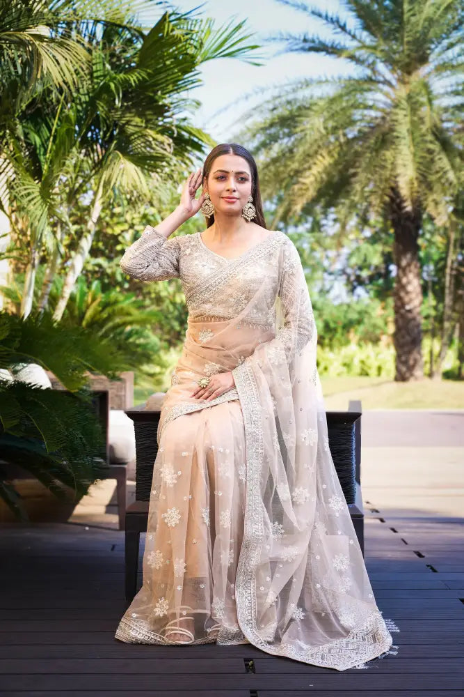 Golden Ready Made Net Saree With Sequence Jarkan Handwork