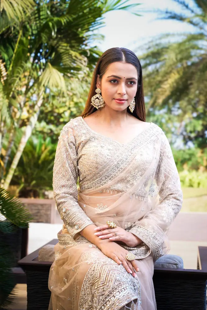 Golden Ready Made Net Saree With Sequence Jarkan Handwork