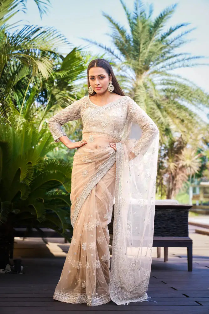 Golden Ready Made Net Saree With Sequence Jarkan Handwork