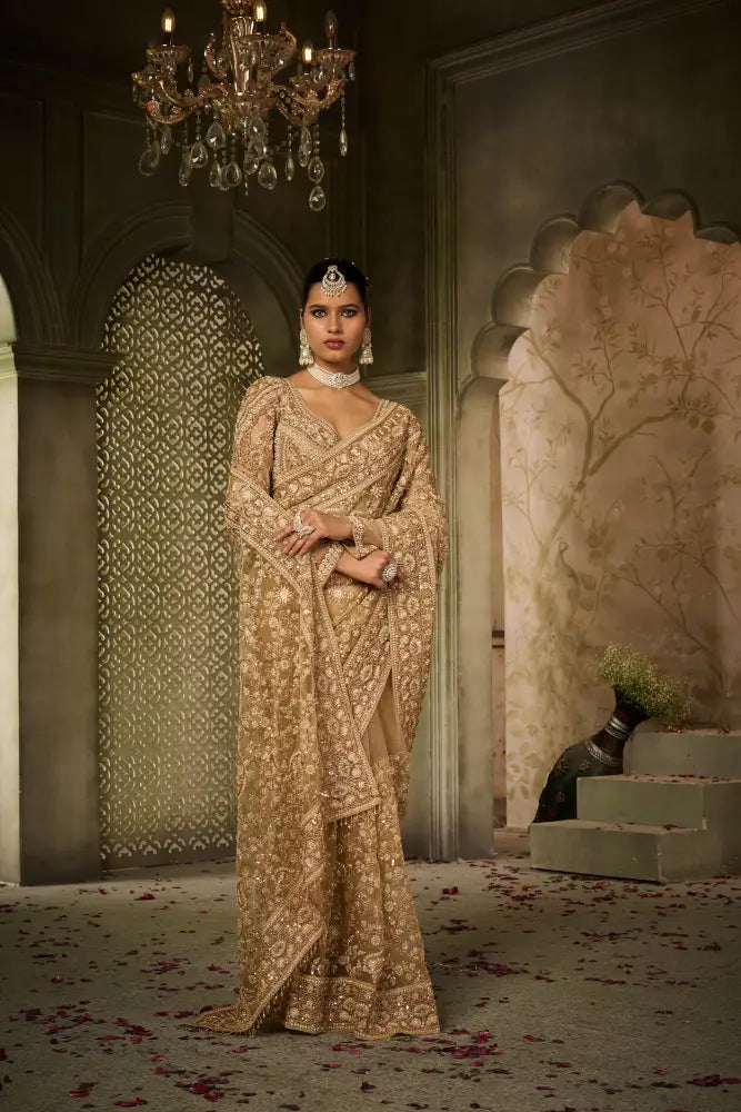 Golden Saree With Exclusive Handwork And Jarkan Embellishments Saree