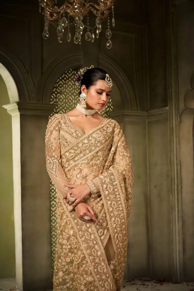 Golden Saree With Exclusive Handwork And Jarkan Embellishments Saree