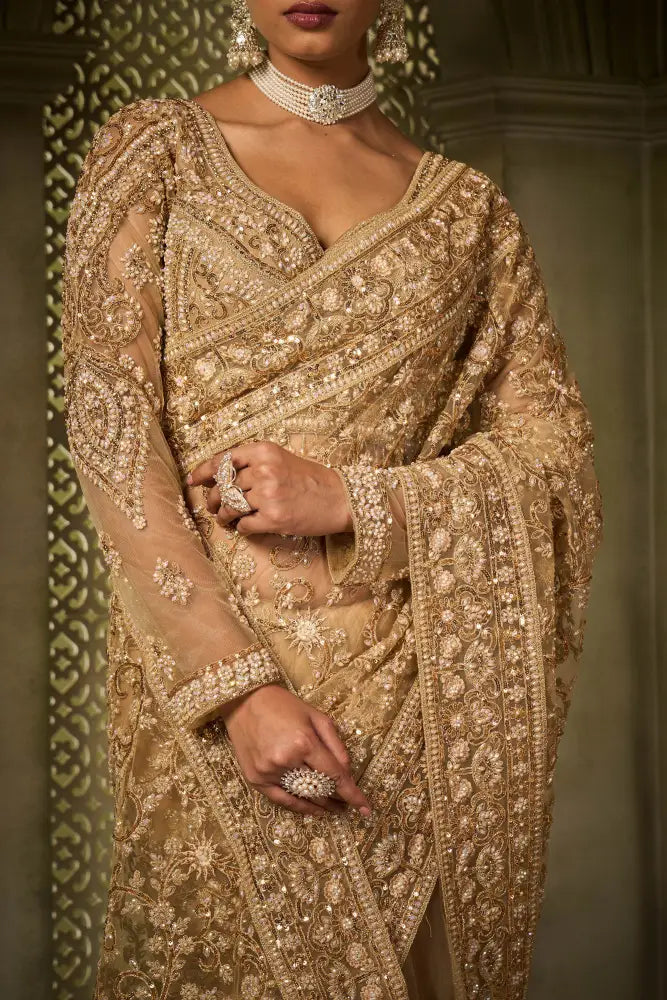Golden Saree With Exclusive Handwork And Jarkan Embellishments Saree