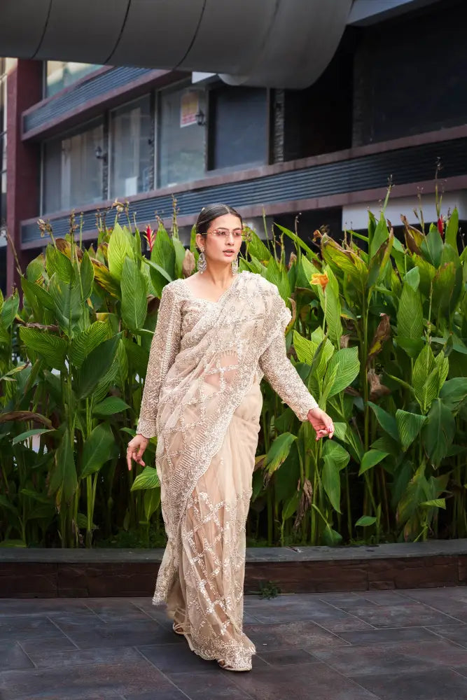 Golden Saree With Intricate Thread And Jarkan Handwork