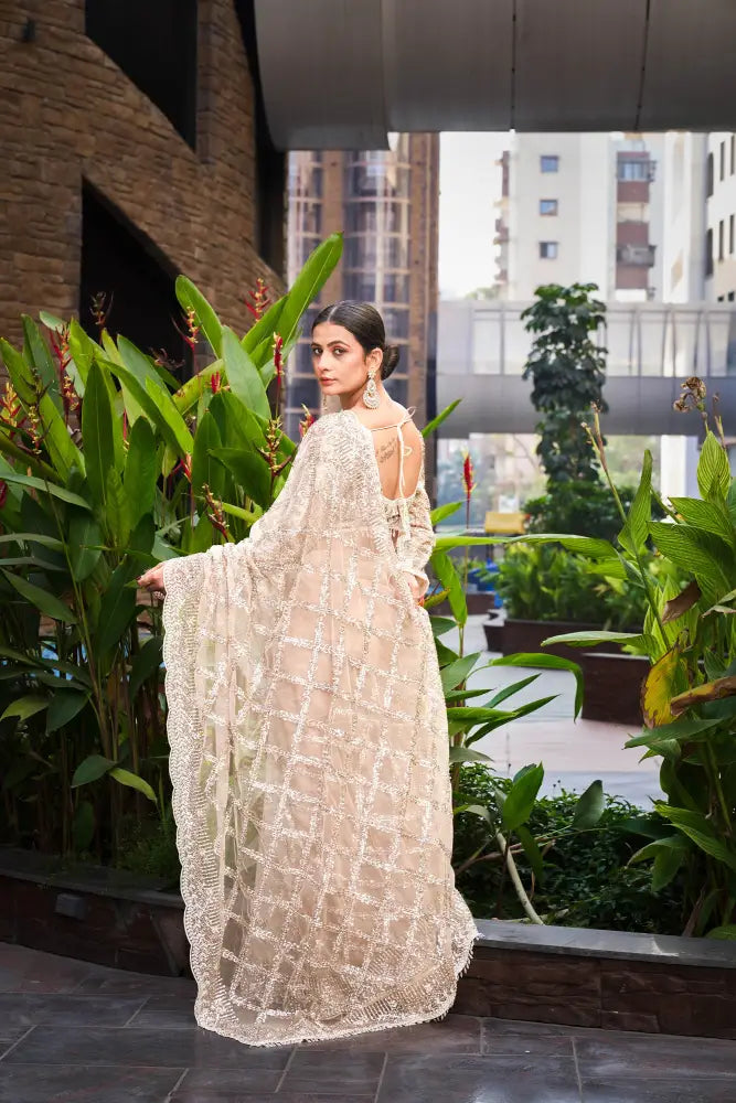 Golden Saree With Intricate Thread And Jarkan Handwork