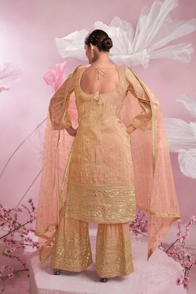 Gorgeous Peach Organza Suit with Gota Pati and Handcrafted Work Suits